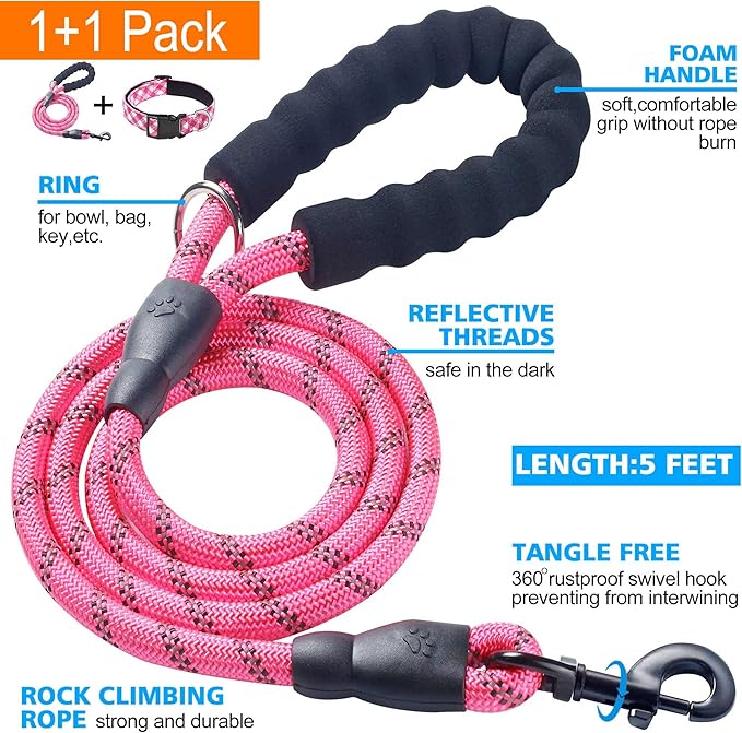 Reflective Dog Collar Padded with Soft Neoprene Breathable Adjustable Nylon Dog Collars for Small Medium Large Dogs (Large (Pack of 1), Pink Plaid Collar+Leash)