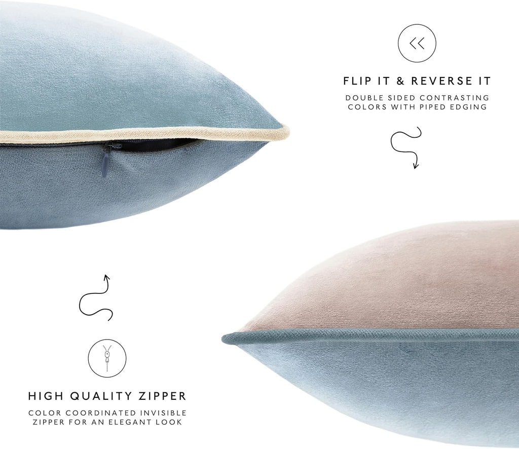 MONDAY MOOSE Decorative Throw Pillow Covers Cushion Cases, Set of 4 Soft Velvet Modern Double-Sided Designs, Mix and Match for Home Decor, Pillow Inserts Not Included (12x20 inch, Beige/Light Blue)