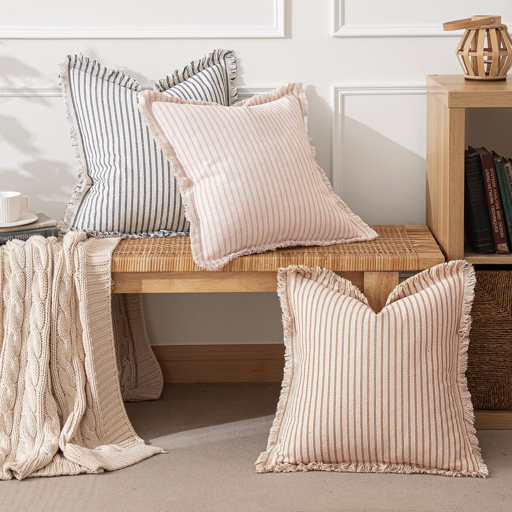 MIULEE Pack of 2 Pink Pillow Covers 20x20 Inch Striped Farmhouse Couch Spring Throw Pillow Covers with Fringe Chic Cotton Decorative Cushion Covers for Sofa Living Room Bed Outdoor Home Decor