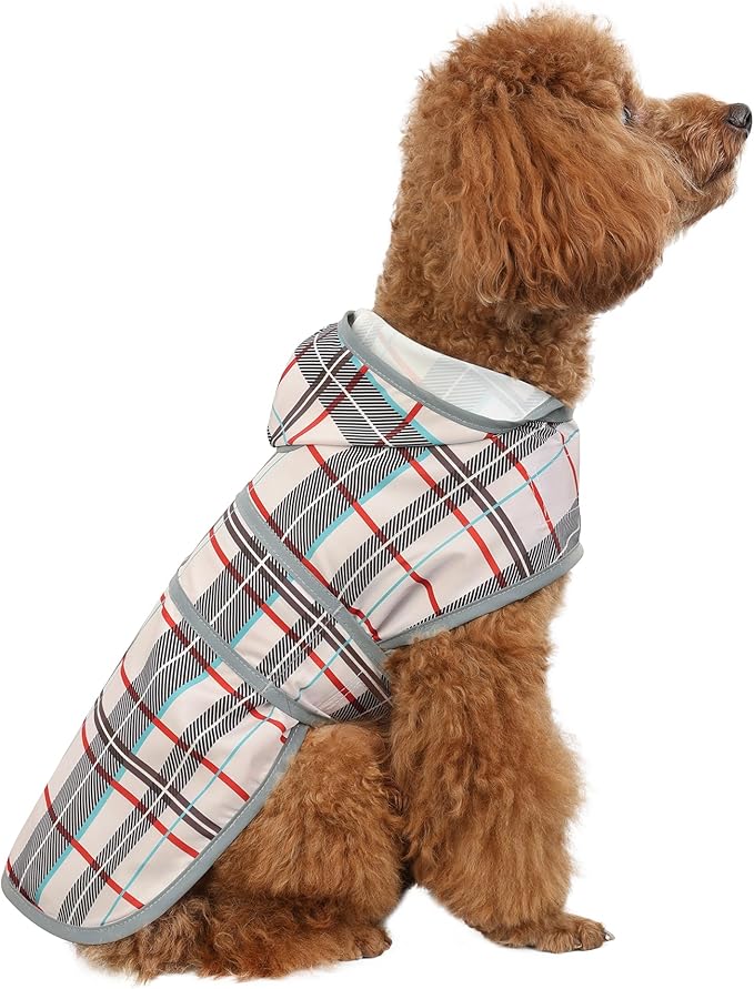 Dog Raincoat for Small Dogs Puppies Waterproof Hooded Rain Jacket with Reflective Strips Leash Hole & Poncho Adjustable Fit (Plaid,S)