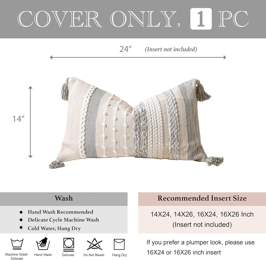 BlissBlush Gray Decorative Lumbar Pillow Cover 14x24, Grey Boho Long Body Pillow for Bed, Farmhouse Lumbar Throw Pillow for Couch, Modern Accent Textured Throw Pillowcase