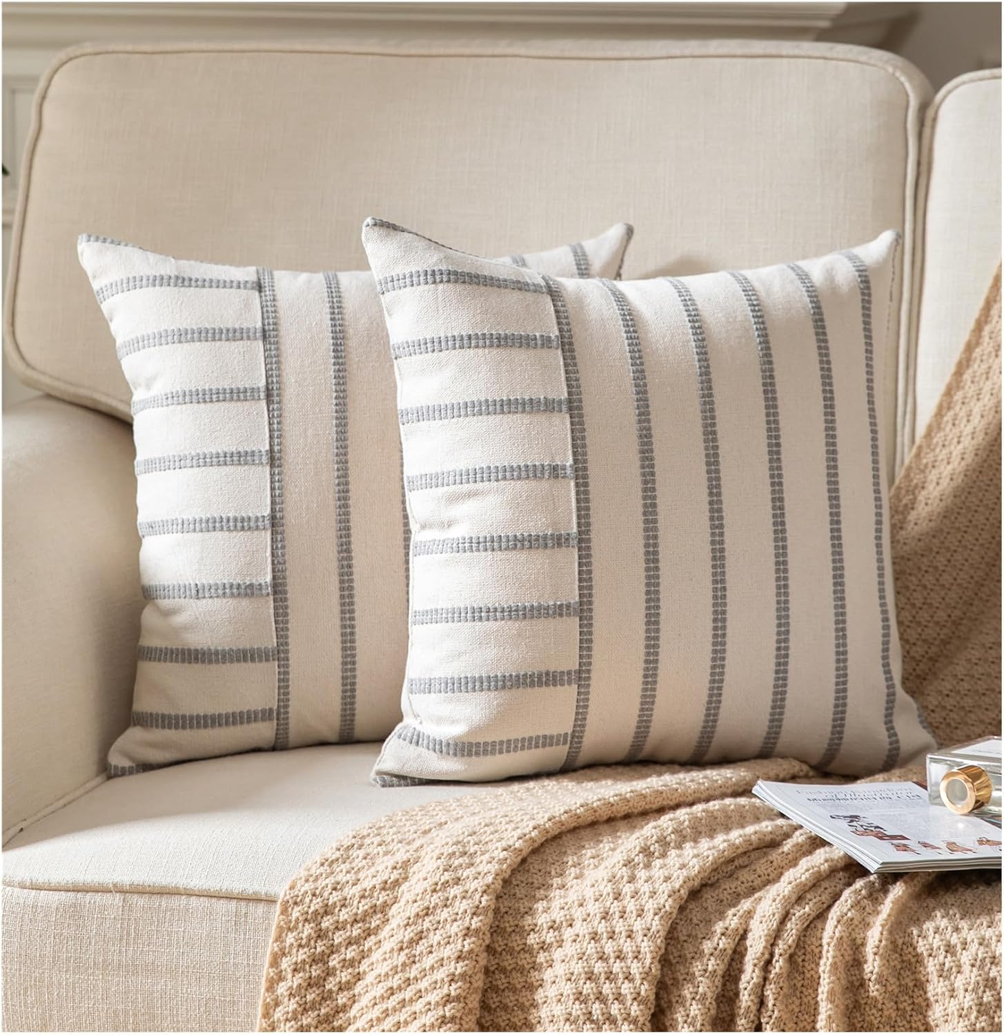 Caflife Boho Throw Pillow Covers 20x20 Set of 2 Soft Farmhouse Decorative Couch Pillow Cases Grey Striped Pillow Covers Neutral Cushion Covers for Sofa Bed Living Room Home Decor