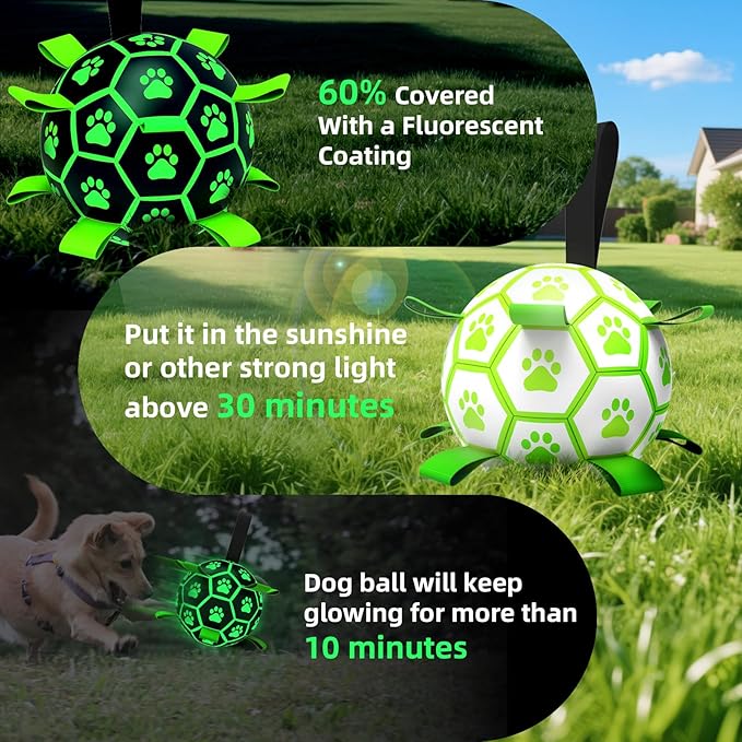 QDAN Premium Glow in The Dark Dog Toys, Dog Ball with Straps, Soccer Ball for Dogs, Outdoor Dog Toys, Pet Birthday Toys, Puppy Essentials for Medium to Large (8Inch)