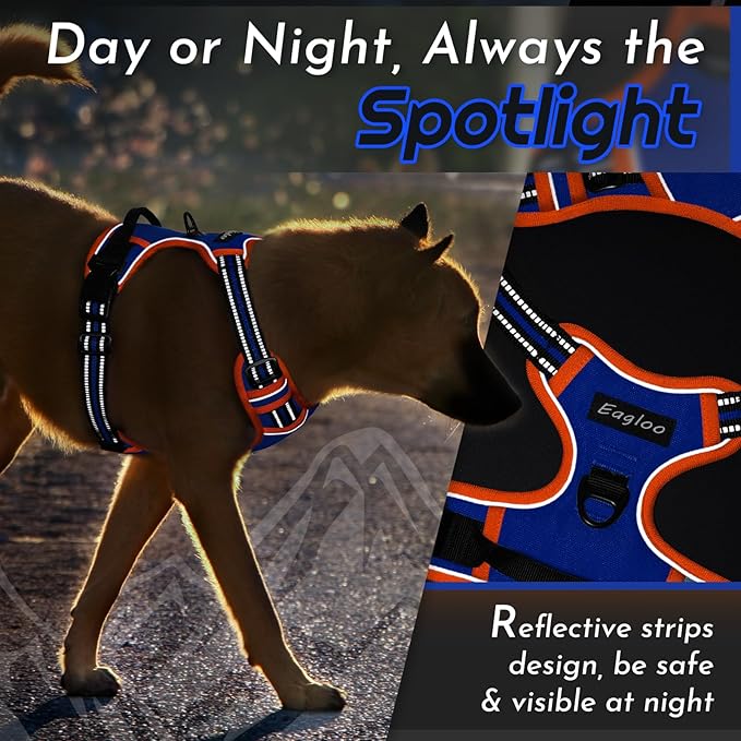 Eagloo Dog Harness for Large Dogs, No Pull Service Vest with Reflective Strips and Control Handle, Adjustable and Comfortable for Walking, No Choke Pet Harness with 2 Metal Rings, Blue & Orange, L