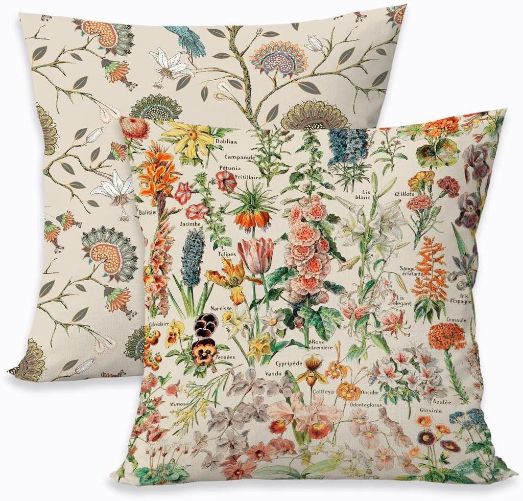 2 Pcs Floral Throw Pillow Cushion Cover, Vintage Garden Plants Herbs Flowers Botanical Classic Design Art, Decorative Square Accent Pillow Case, Gifts for Women Friend Sister Birthday Christmas