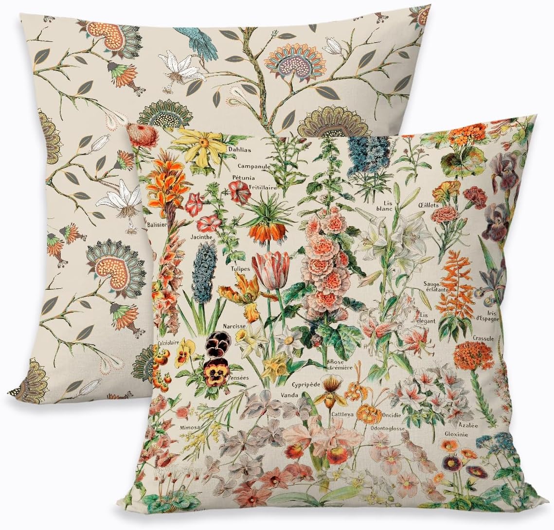 2 Pcs Floral Throw Pillow Cushion Cover, Vintage Garden Plants Herbs Flowers Botanical Classic Design Art, Decorative Square Accent Pillow Case, Gifts for Women Friend Sister Birthday Christmas