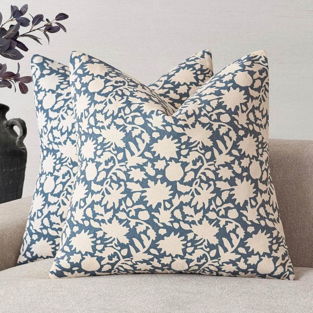 Foindtower Set of 2 Decorative Neutral Floral Throw Pillow Covers Accent Farmhouse Cushion Covers Boho Vintage Pillowcase for Couch Sofa Bedroom Living Room Home Decor,20×20 Inch,Dusty Blue