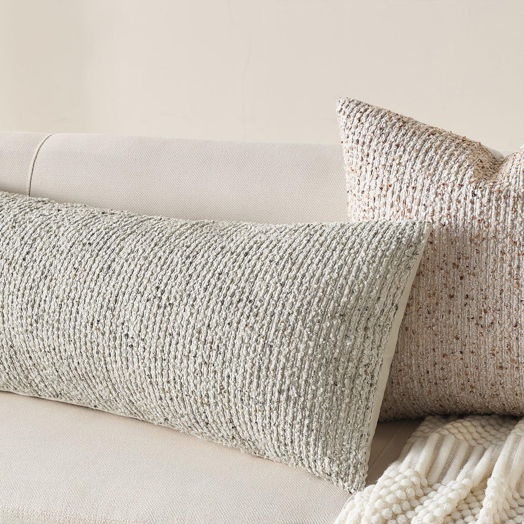 Decorative Lumbar Pillow Cover 14x36 Cream Gray Striped Wool Long Body Pillow Neutral Textured Boho Lumbar Throw Pillow Cushion Covers for Modern Farmhouse Sofa Bed Living Room Decor SY011-B14