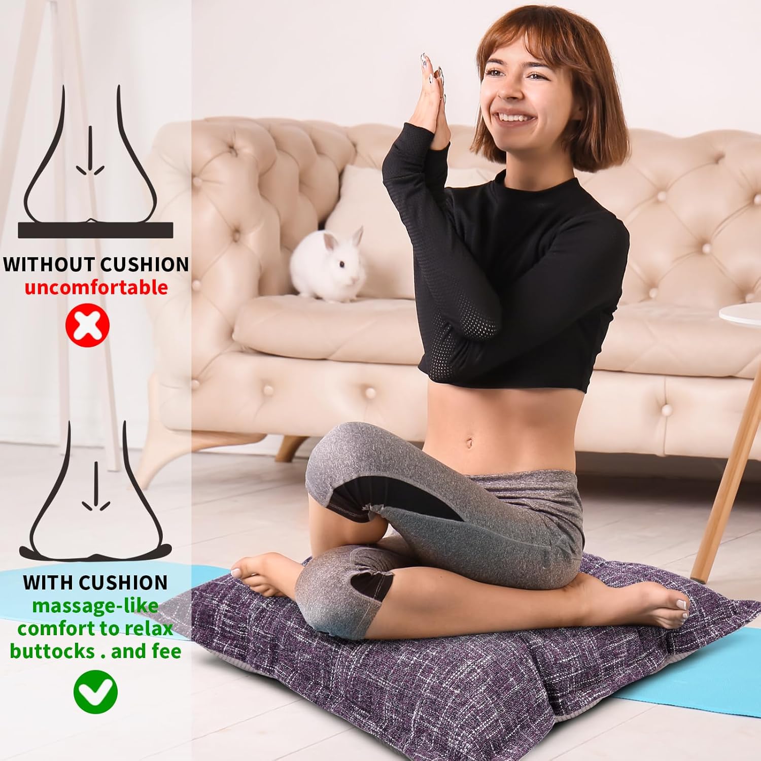 SINSOSSO Large Floor Pillows 22", Thickened Bite-Size Memory Foam Square Non-Slip Cushions for Office Back Support/Yoga/Chair Seat, Fashionable Color-Blocked Fabric & Washable, Purple, 2 PCS