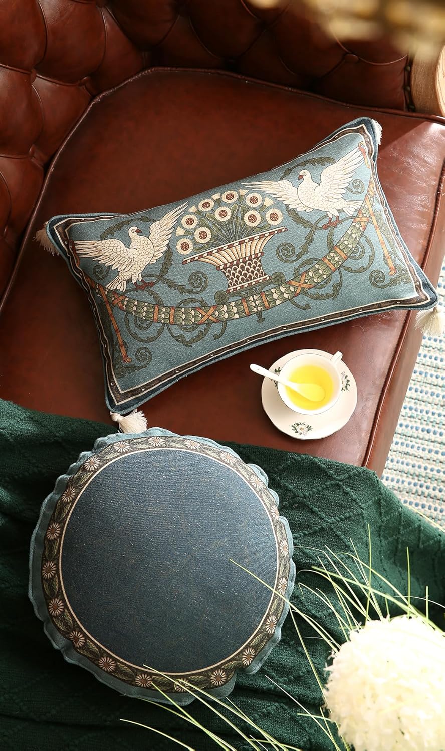 Green Throw Pillow Covers,French Farmhouse with White Birds and Flowers Pattern Linen Pillowcases,Decorative Round Pillows Cushion Covers for Couch Sofa Bed Chair,Diameter 16"