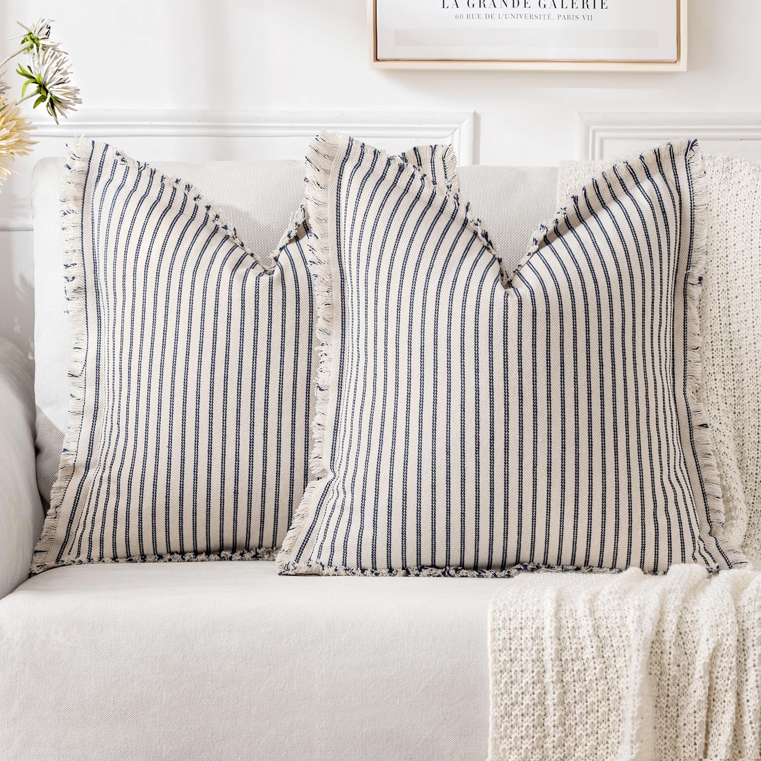MIULEE Pack of 2 Navy Blue Pillow Covers 22x22 Inch Striped Farmhouse Couch Throw Pillow Covers with Fringe Chic Linen Decorative Cushion Covers for Sofa Living Room Bed Outdoor Home Decor