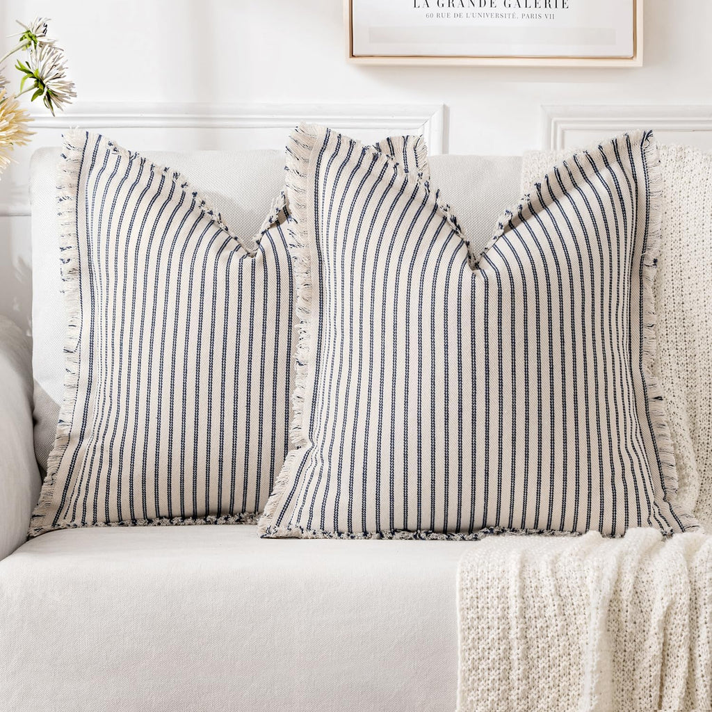MIULEE Pack of 2 Navy Blue Pillow Covers 24x24 Inch Striped Farmhouse Couch Throw Pillow Covers with Fringe Chic Linen Decorative Cushion Eruo Sham for Sofa Living Room Bed Outdoor Home Decor