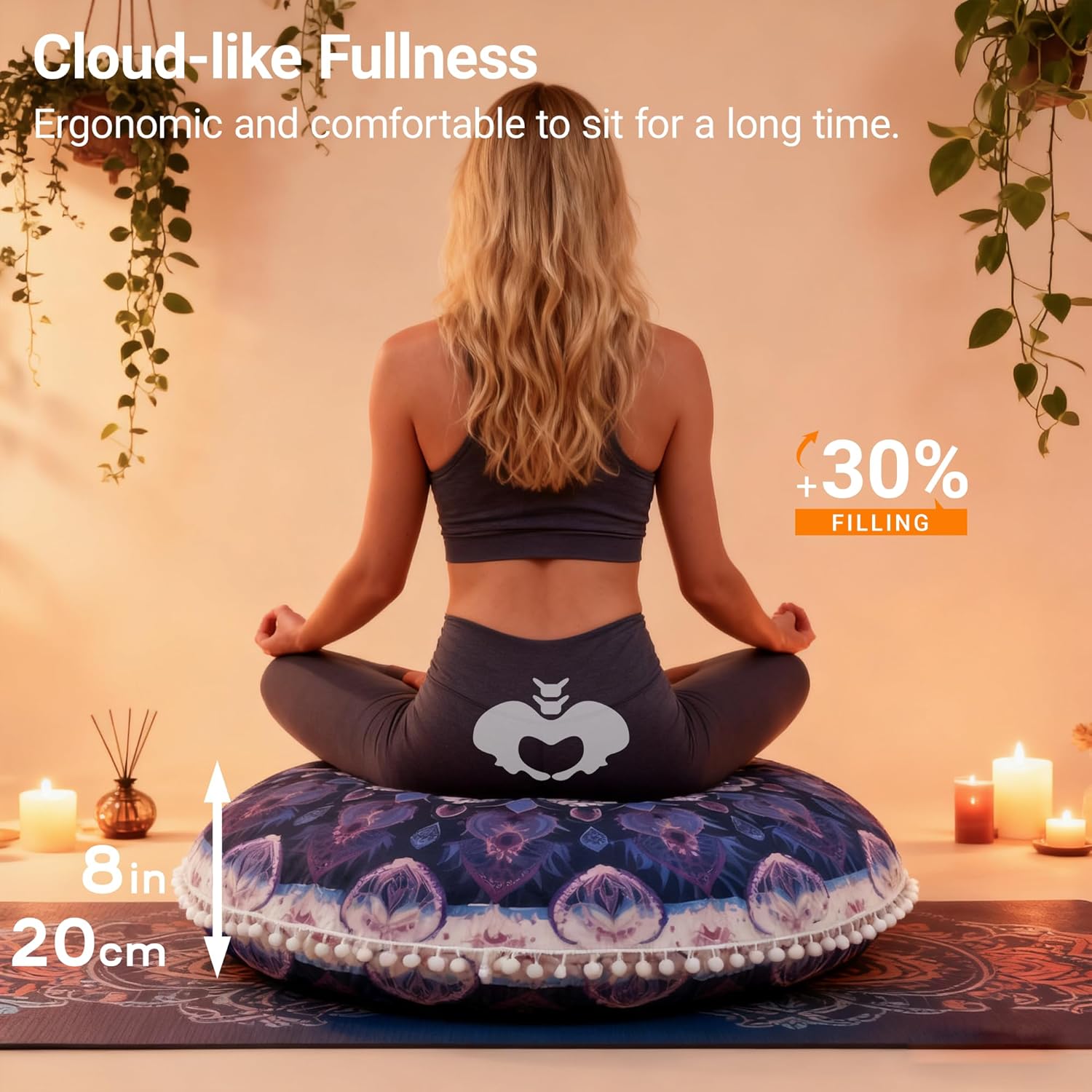 32-Inch Round Meditation Cushion for Adults – Extra-Thick Large Floor Pillow with Premium Filling, Bohemian Mandala Circle Cushion for Yoga, Living Room (1, Purple, Extra Large)