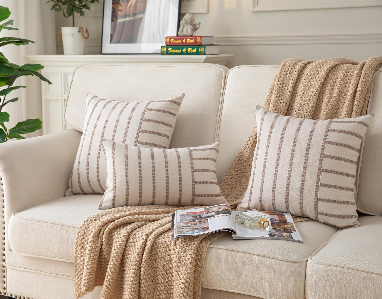 Caflife Boho Throw Pillow Covers 12x20 Set of 2 Soft Farmhouse Decorative Couch Pillow Cases Beige Striped Pillow Covers Neutral Cushion Covers for Sofa Bed Living Room Home Decor