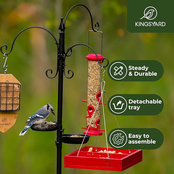Kingsyard Bird Feeding Station Kit - 85 Inch Bird Feeder Pole with 5-Prong Base, Bird Feeder Stand for Outdoors Hanging Bird Feeders, Upgraded in Stability, Black