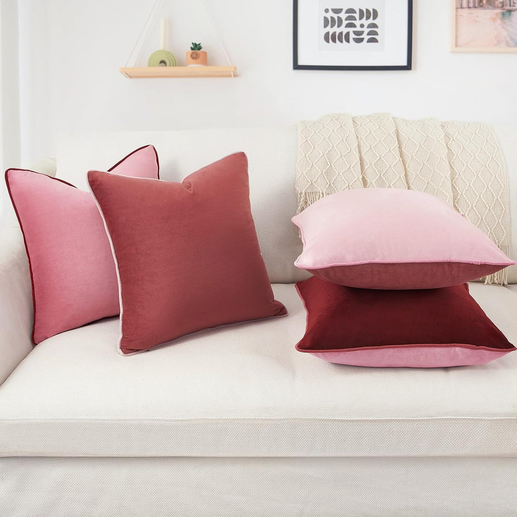 MONDAY MOOSE Decorative Throw Pillow Covers Cushion Cases, Set of 4 Soft Velvet Modern Double-Sided Designs, Mix and Match, Pillow Inserts Not Included (18x18 inch, Pink/Dark Pink)