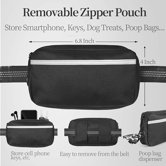 iYoShop Hands Free Dog Leash with Zipper Pouch, Dual Padded Handles and Durable Bungee for Walking, Jogging and Running Your Dog (Medium, 8-25 lbs, Black)