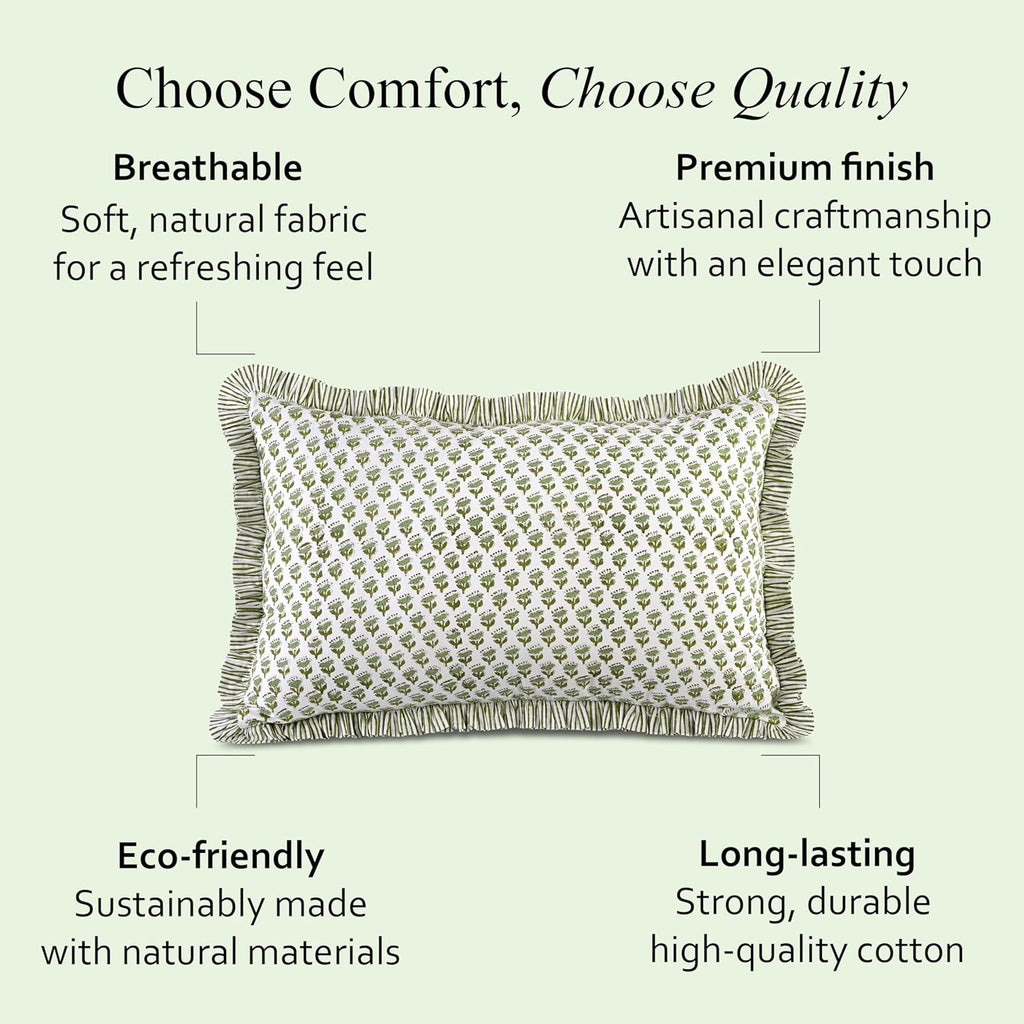 CPC Emerald Green 100% Cotton Block Print Ruffle Pillow Cover 20X30 inch Pack of 2, Handmade Boho Floral Pillowcase,Soft Decorative Queen Bed Pillow Cover for Bedroom Décor