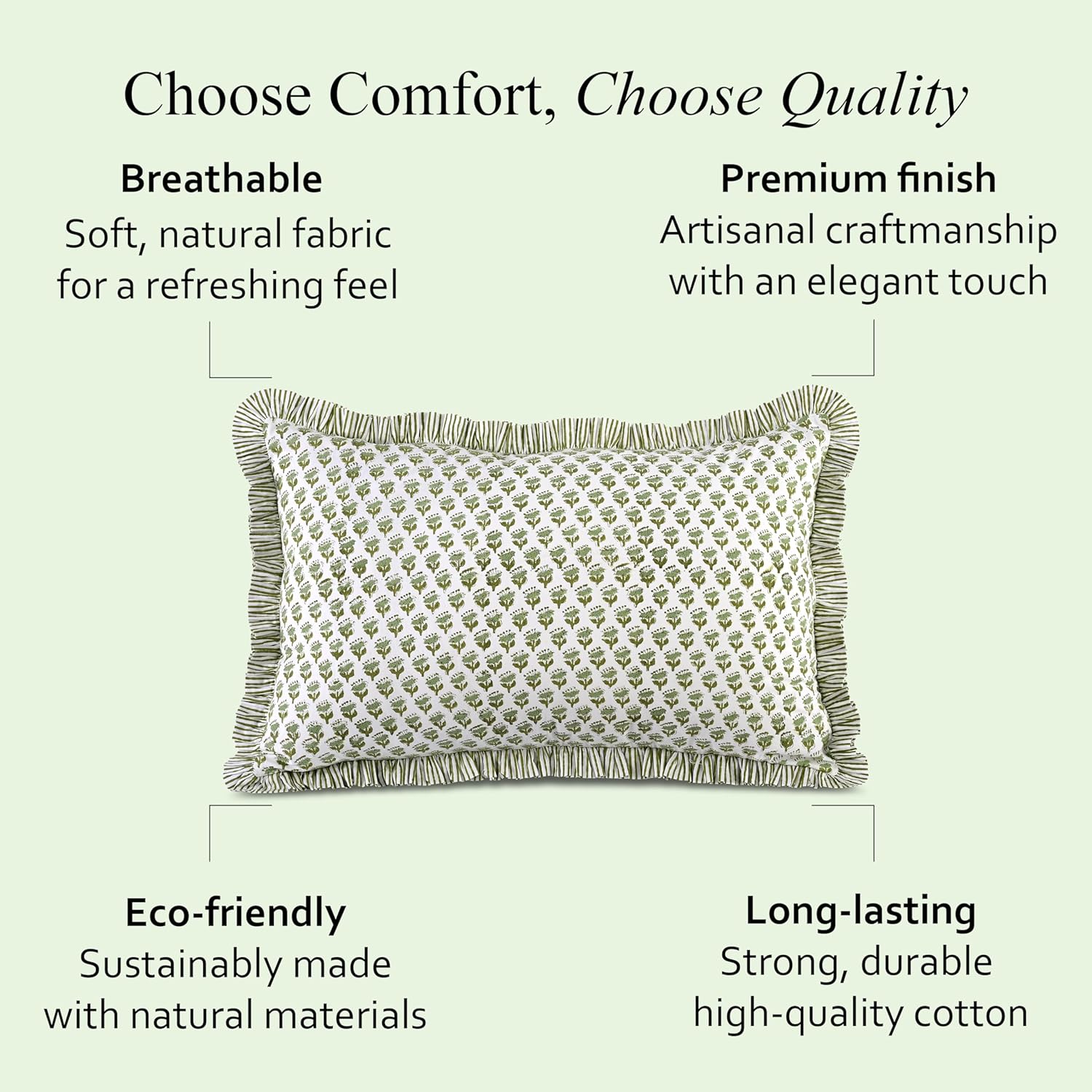 CPC Emerald Green 100% Cotton Block Print Ruffle Pillow Cover 20X30 inch Pack of 2, Handmade Boho Floral Pillowcase,Soft Decorative Queen Bed Pillow Cover for Bedroom Décor