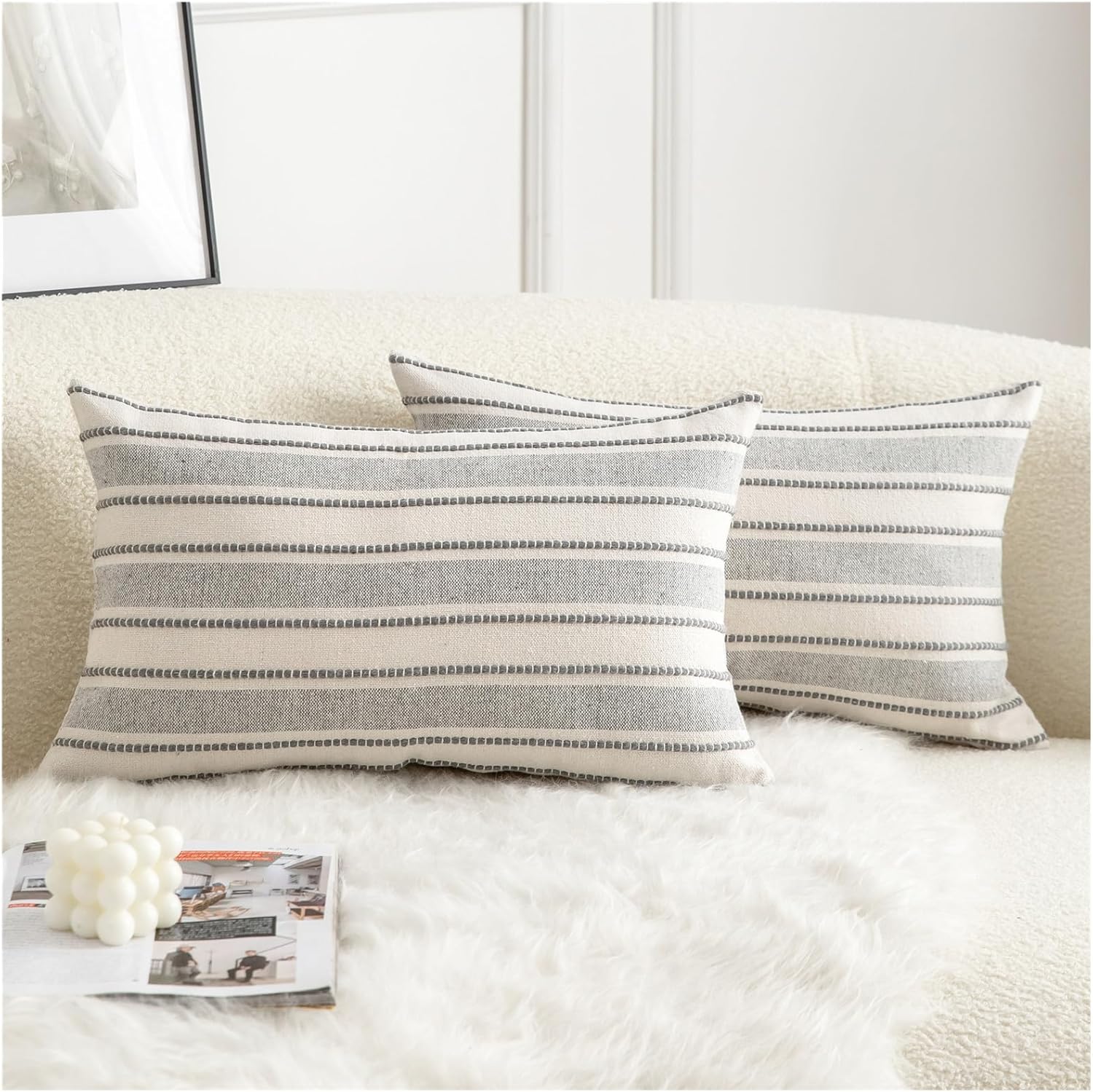 Decorative Boho Lumbar Throw Pillow Covers, Farmhouse Textured Pillow Case, 12 x 20 Inch Set of 2, Chair Sofa Bedroom Living Room Home Decor Couch Cushion Case, Grey and Beige