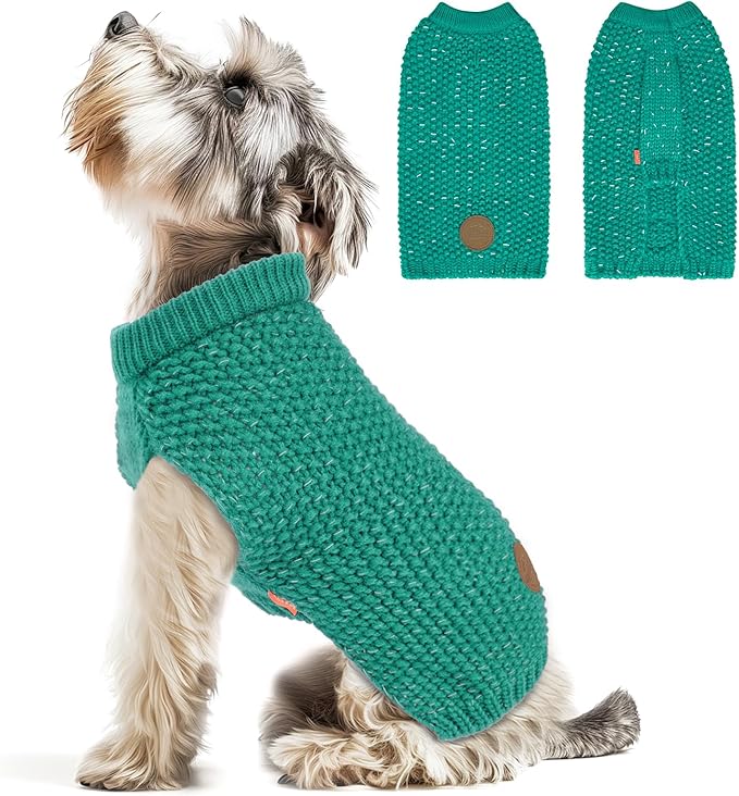 KYEESE Dog Christmas Sweater with Leash Hole for Small Dogs Male Warm Pullover with Reflective Thread Soft Knitwear Boy Dog Clothes Cozy Lightweight Thick Sweater Pet Indoor Outdoor Wear,Green,X-Small