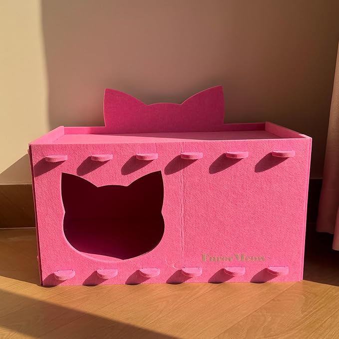 Cat House Cat Ear Design, Large Spacious Cozy Indoor Cat Bed Cave, Scratch Resistant Strong Thick Premium Felt Condo, Fun Hideaway for Multiple Cats, 21.5x13x11.6 inches (Pink)