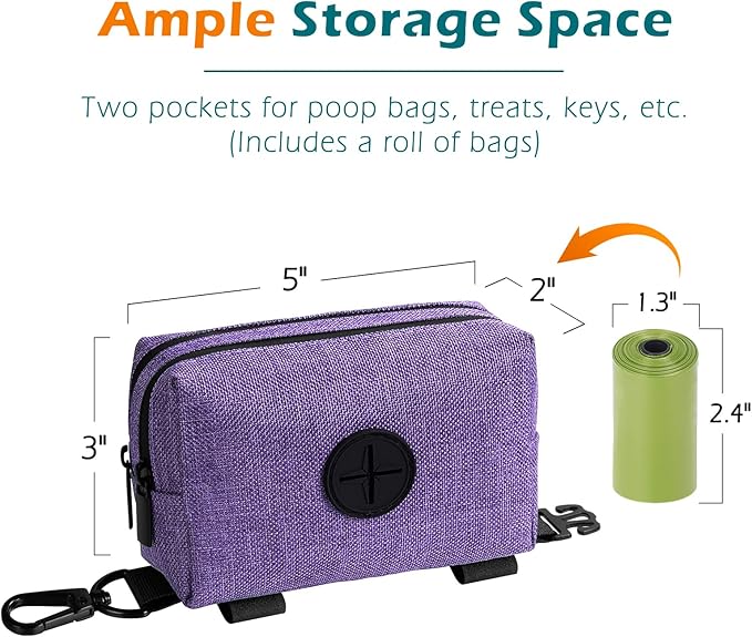 PetBonus Dog Poop Bag Holder, Portable Pet Waste Bag Dispenser, 2 Pouches for Treats and Walking Accessories, Fit All Leashes, Includes 1 Roll of Dog Poop Bags (Purple)