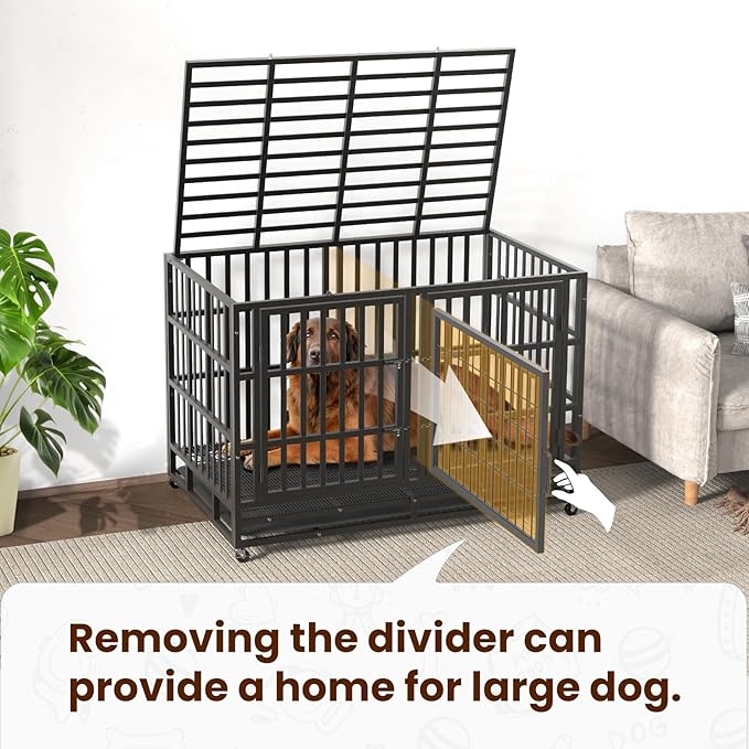 48 Inch Heavy Duty Indestructible Double Dog Crate Steel Escape Proof,Indoor Three Doors Cage,Kennel with Wheels,Removable Tray and Baffle