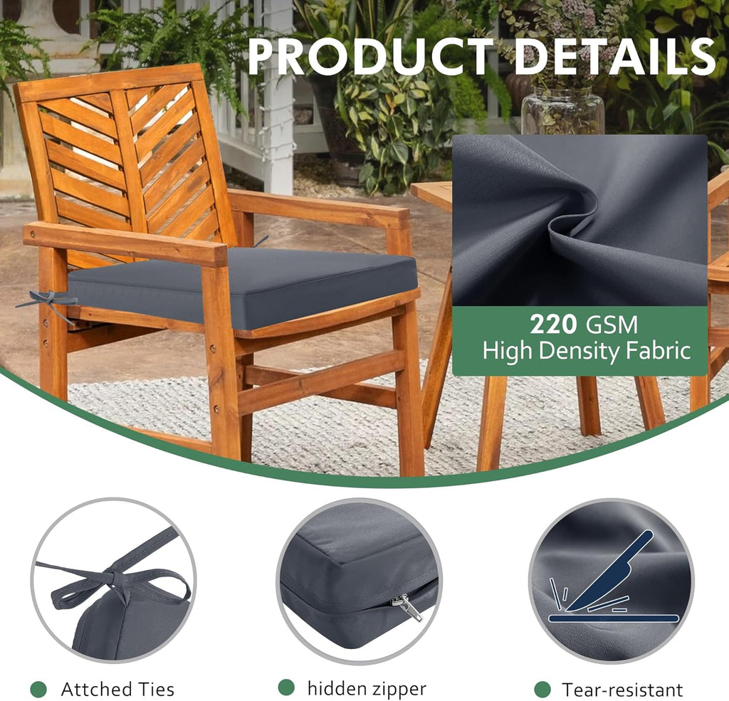 Outdoor Chair Cushions Set of 2: Waterproof & Fade Resistant Deep Seat Cushion for Patio Furniture - 24 x 24 Inch Chair Pads with Ties and Hidden Zipper - Patio Chair Cushion Replacement, Dark Grey