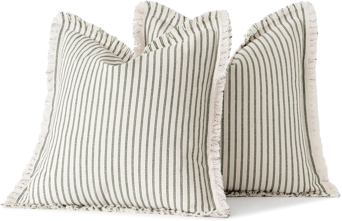 MIULEE Pack of 2 Olive Green Christmas Pillow Covers 22x22 Inch Striped Farmhouse Couch Throw Pillow Covers with Fringe Chic Linen Decorative Cushion Covers for Sofa Living Room Bed Outdoor Home Decor
