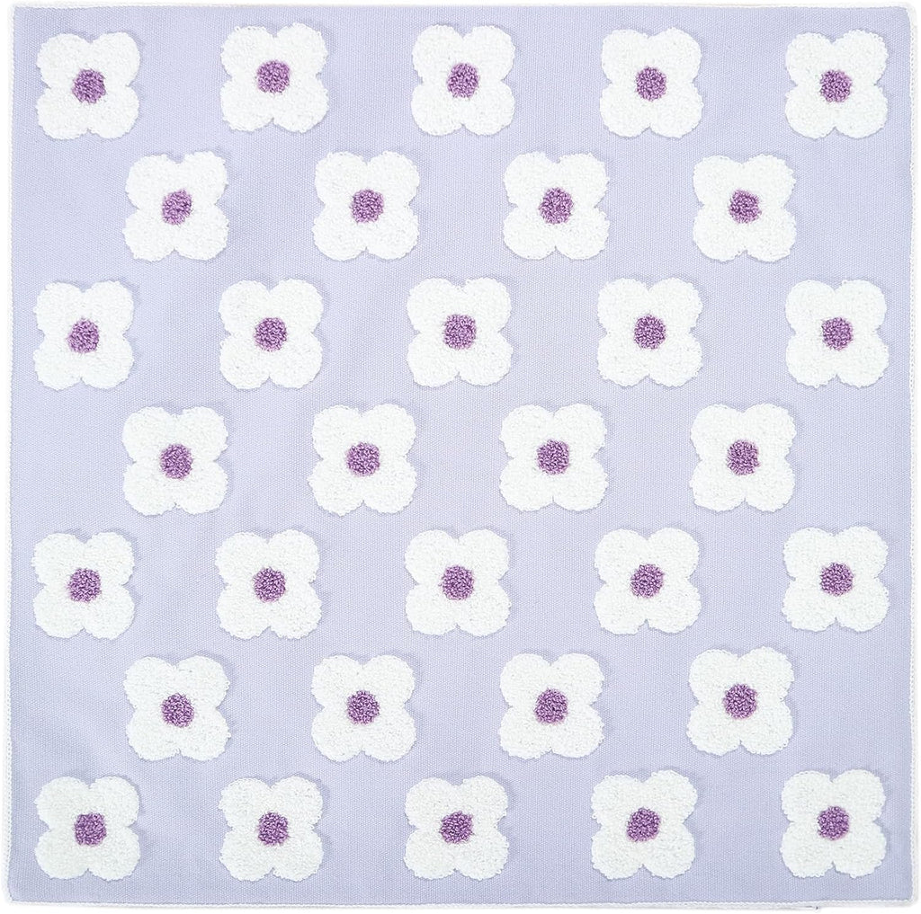 DECOBIRD Embroidery Throw Pillow Cover 18x18 Light Purple Floral Design Home Decor Loop Embroidered Pillow Case Thick Cotton Canvas Square Cushion Cover for Couch 45x45cm, 4 Petal Flowers 1 Piece