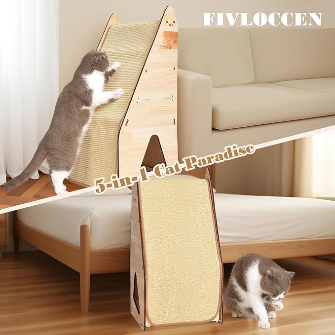 large Cat Scratching Post with Bed: Modern Sisal Cat Scratcher & Wood Frame, Integrated Cat Scratch Pad Post Condo Tunnel. All-in-One Space Saver for Multi-Cat & Budget-Friendly Homes (24in)