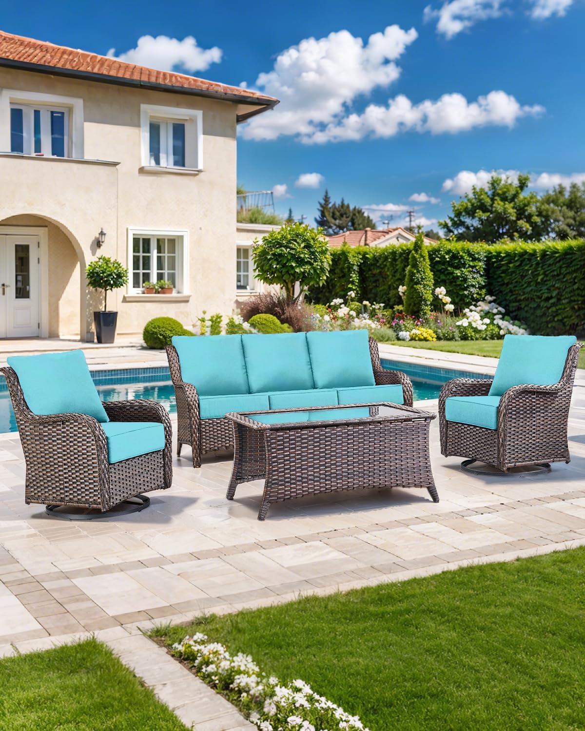Luxury 22x24/22x25 6-Inch Outdoor Deep Seat Cushions Set of 6 - Comfortable Patio Zipper Chair Cushion for Wicker Dining Rocking Gilider Loveseat Couch Sectional Sofa - Turquoise