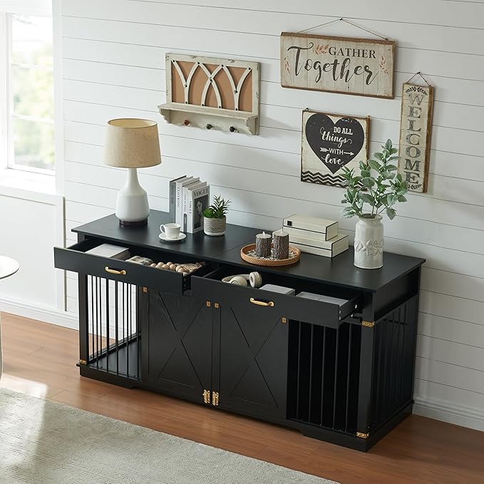 72.5" Extra Large Furniture Style Double Dog Crates for Large Breeds, XXL Wooden Dog Kennel Furniture with Drawers, Divider, Water Resistant & Barn Door for 2 Dogs, Black