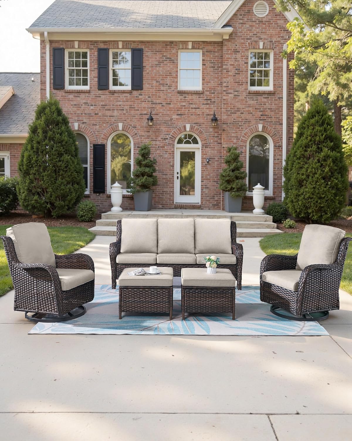 Pop 22x25/22x24 Outdoor Cushions for Patio 5 Piece Set - Set of 5 Water-Resistant Replacement Pillows for Rattan Dining Rocking Swivel Chairs Loveseat Couch Sectional Sofa - Beige/Classic