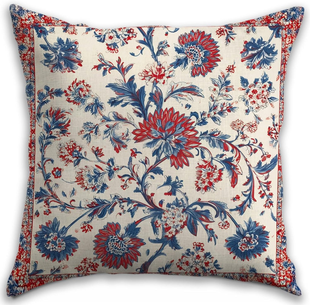Bohemian Pillow Covers | Vintage Floral & Carpet Design | Double Sided Blue White Decorative Pillowcases for Couch, Bed | Indoor Outdoor Boho Home Decor (Red&White, 18x18inches)