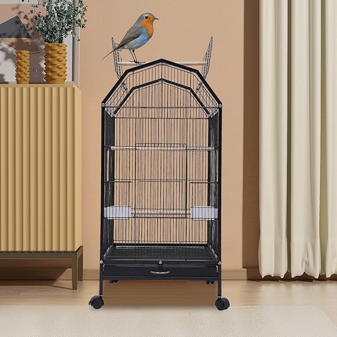 39.9'' Iron Parakeet Bird Cage, Pet Bird Flight Cages with Rolling Stand for Conures Lovebirds Cockatiels Finches Parrot Pet House, Small to Medium Birds