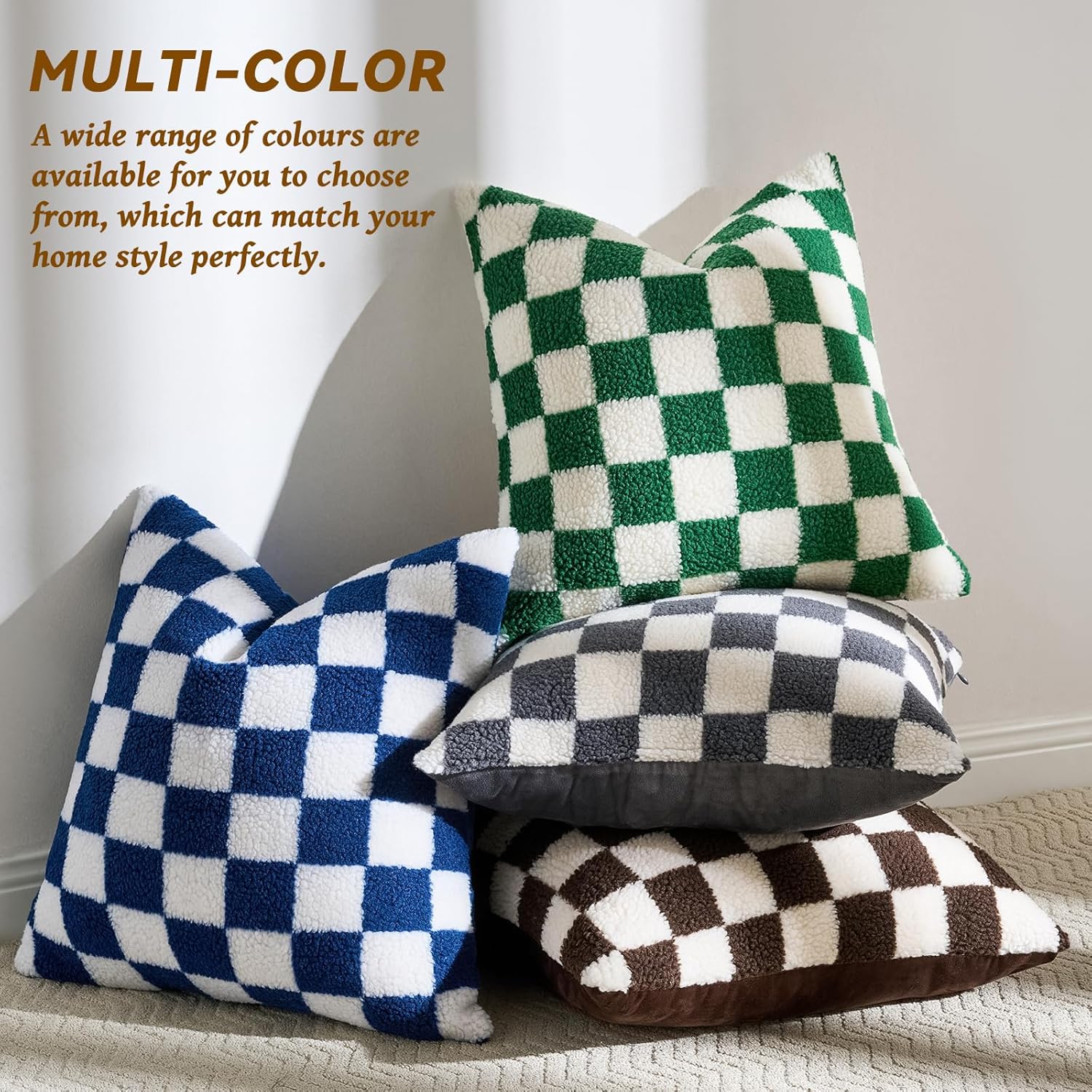 AmHoo Pack of 2 Decorative Throw Pillow Covers Checkerboard Luxury Super Soft Faux Fur Wool Set Case Cushion for Couch Sofa Bedroom 18 x 18-Inch Coffee