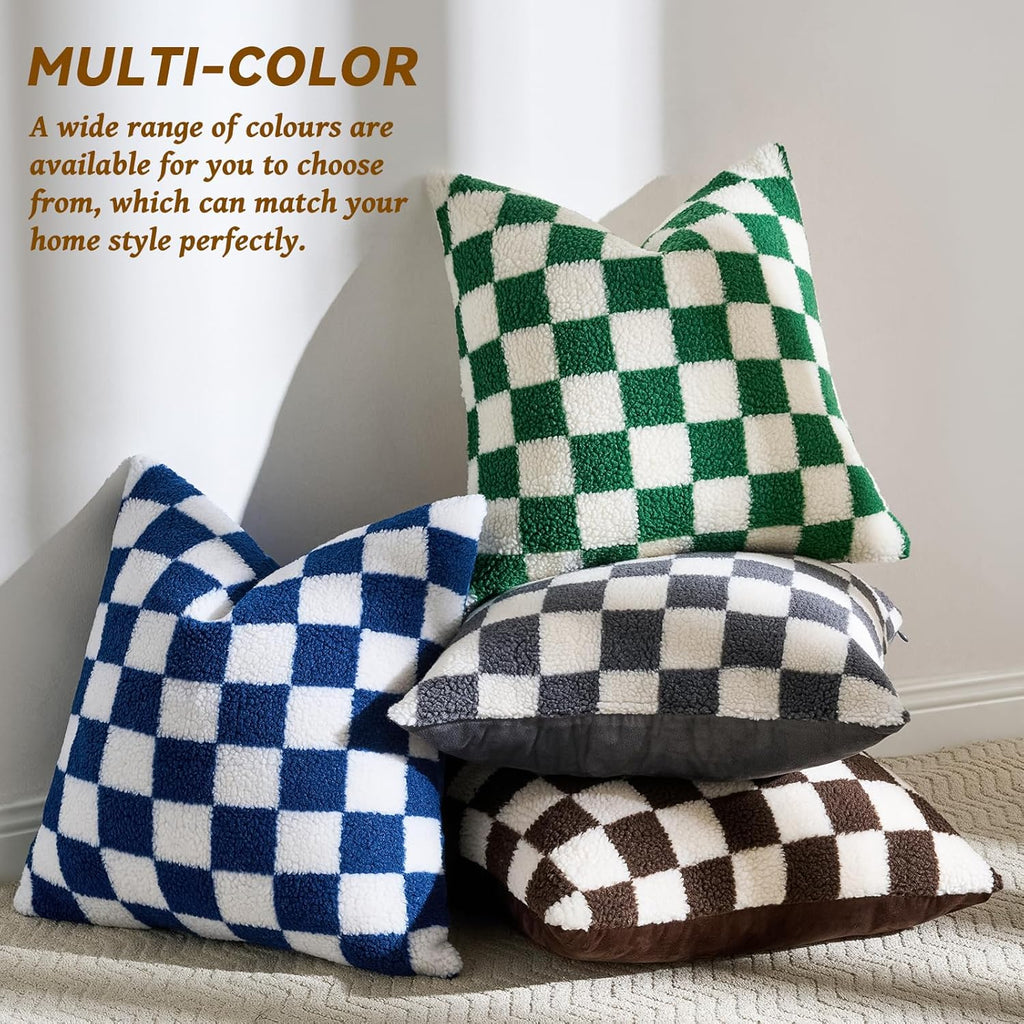 AmHoo Pack of 2 Decorative Throw Pillow Covers Checkerboard Luxury Super Soft Faux Fur Wool Set Case Cushion for Couch Sofa Bedroom 20 x 20-Inch Navy Blue