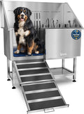 KANIS Professional Dog Washing Station - 304 Stainless Steel Pet Wash Sink & Grooming Bathtub w/Shower, Floor Grates and Storage for Large, Medium & Small Pets (50", Shelf - Left Ramp)