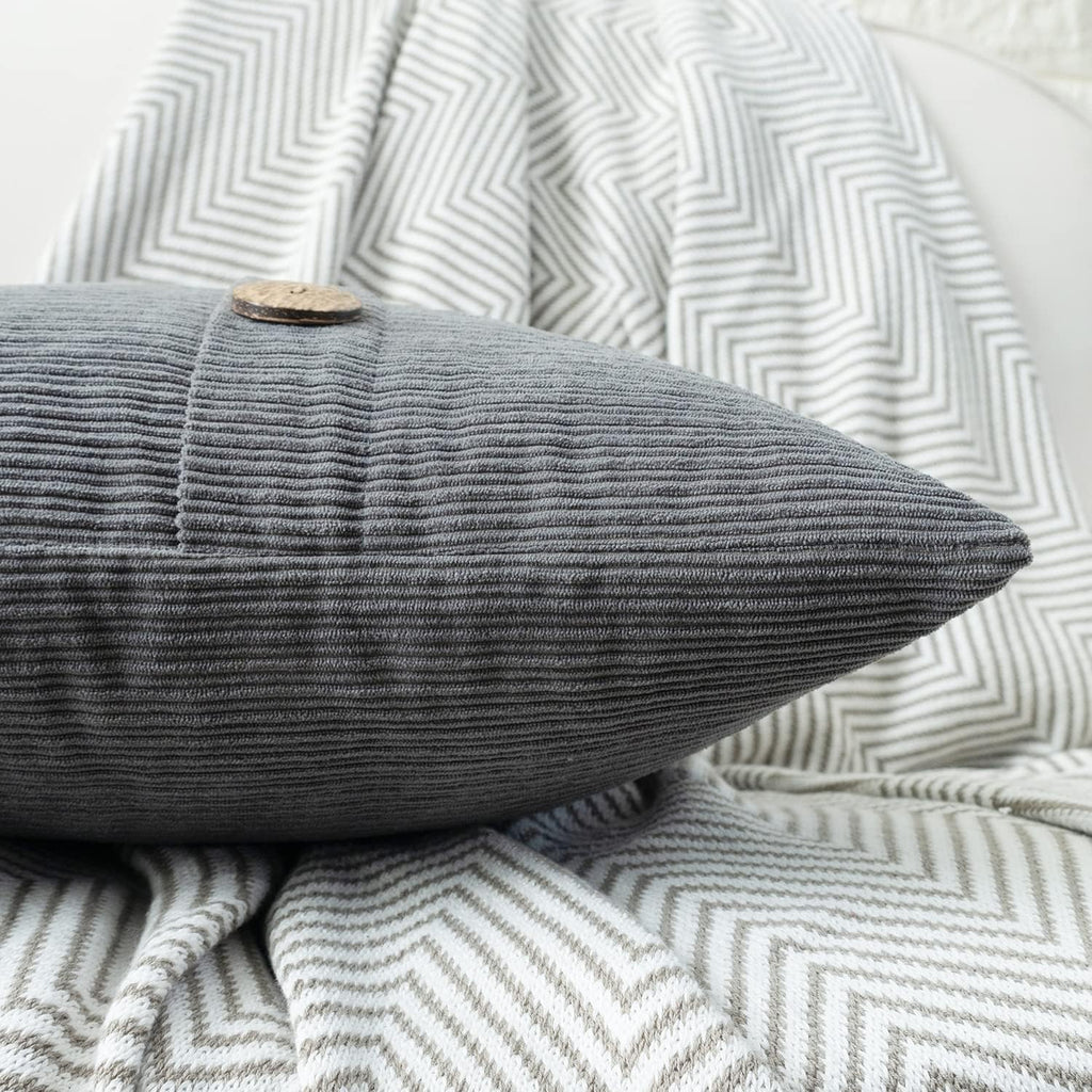 HWY 50 Gray Grey Chenille Throw Pillow Covers 16x16 Inch with Triple Buttons, Soft Farmhouse Accent Decorative Cushion Cases for Couch Sofa Bed Bedroom Pack of 2