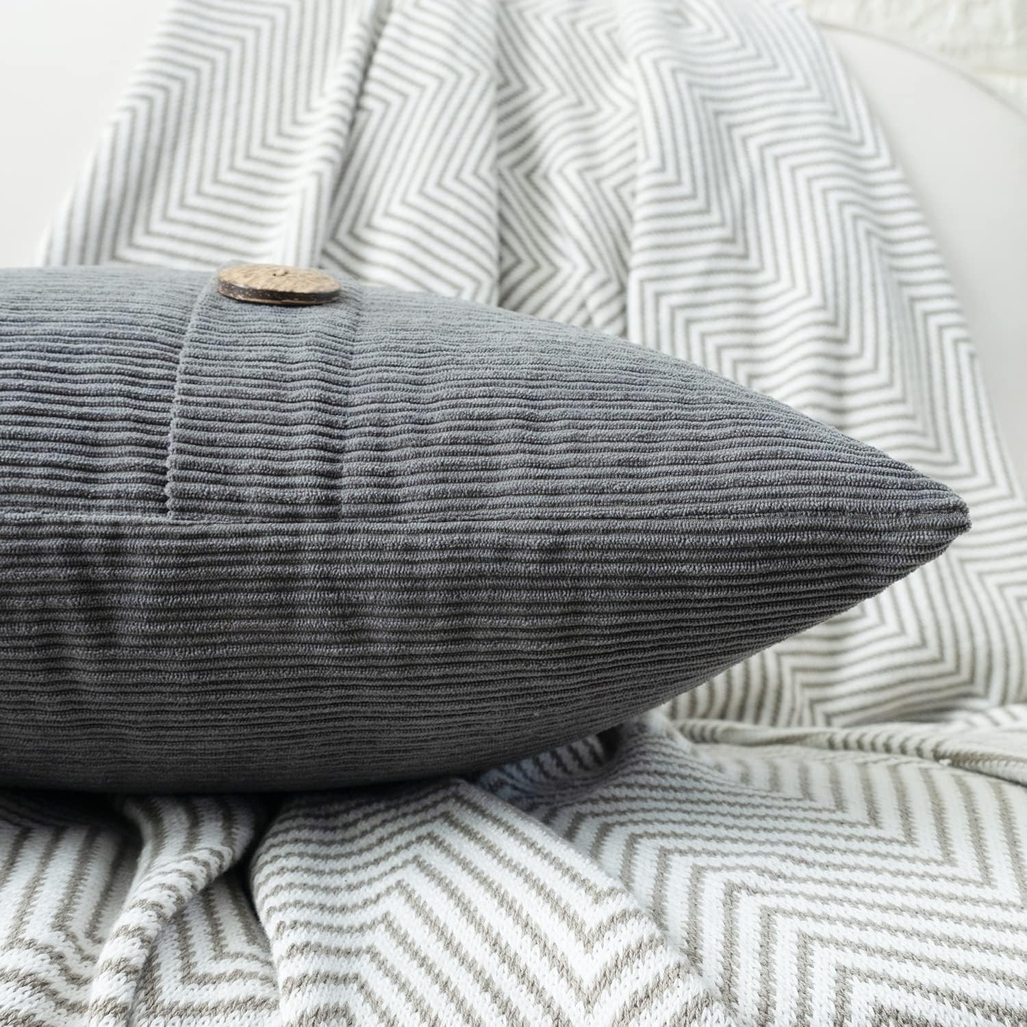 HWY 50 Gray Grey Chenille Throw Pillow Covers 12x20 Inch with Triple Buttons, Soft Farmhouse Accent Decorative Cushion Cases for Couch Sofa Bed Living Room Pack of 2 Rectangle