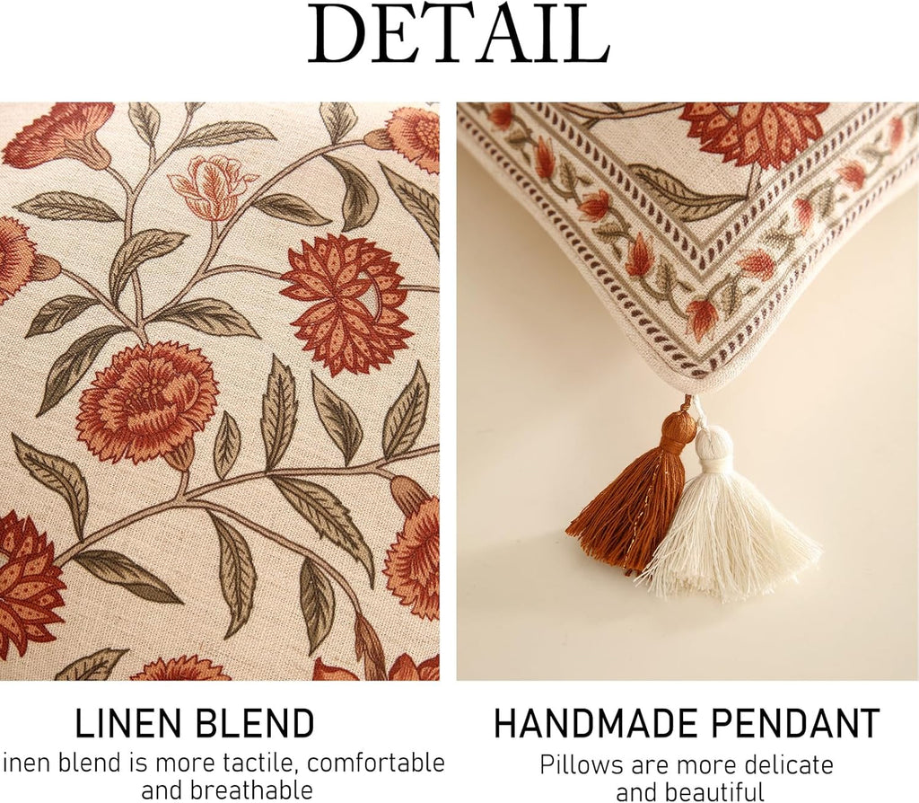 ISAENNE Design Linen Square Vintage Throw Pillow Covers 18"x18", Brick Red Cushion Covers with Orange Floral Green Leaves Pattern Decoration Pillowcases for Bed,Living Room,Outdoor,Car