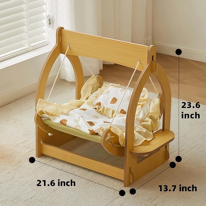 2 in 1 Wooden Cat Hammock, Comfortable and Breathable Hanging Cat Bed with Soft Mattress and Pillow，Suitable for Cats or Small Dogs