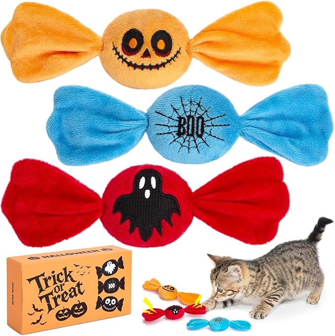 Retro Shaw Cat Toys Sweet Treats,3PCS Candy Catnip Toys with Crinkle Sound Inside,Trick or Treat for Halloween Kitten Toys,Interactive Indoor Kitty Kicker for All Breeds
