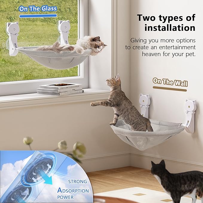 Cat Window Perch Cordless, Glow in The Dark & Stable Cat Beds- Breathable Window Hammock for Overlooking, Sunbathing and Climbing - Maximum Hold Up to 40lb(Light Grey)