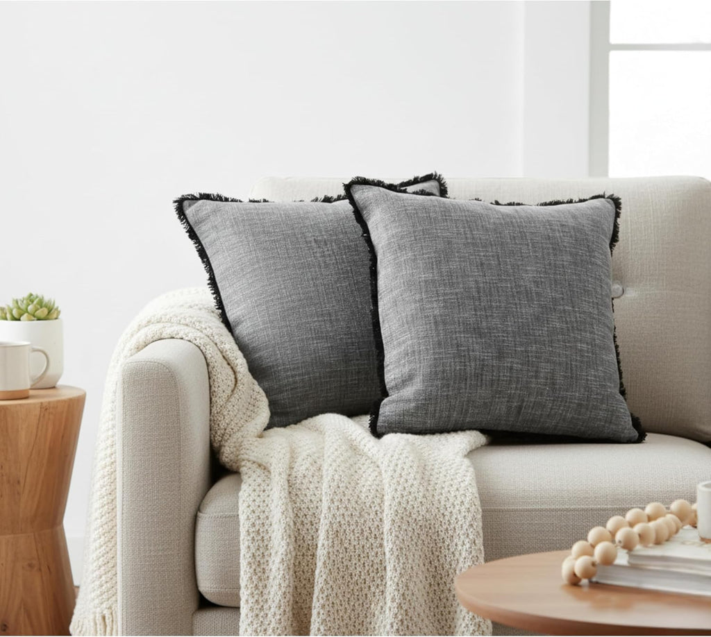 18×18 Grey Textured Cotton Throw Pillow Covers with Decorative Fringe Boho Farmhouse Cushion Cover with Tassels Linen Like Accent Pillowcases for Bed Couch Chair Sofa Living Room, Set of 2