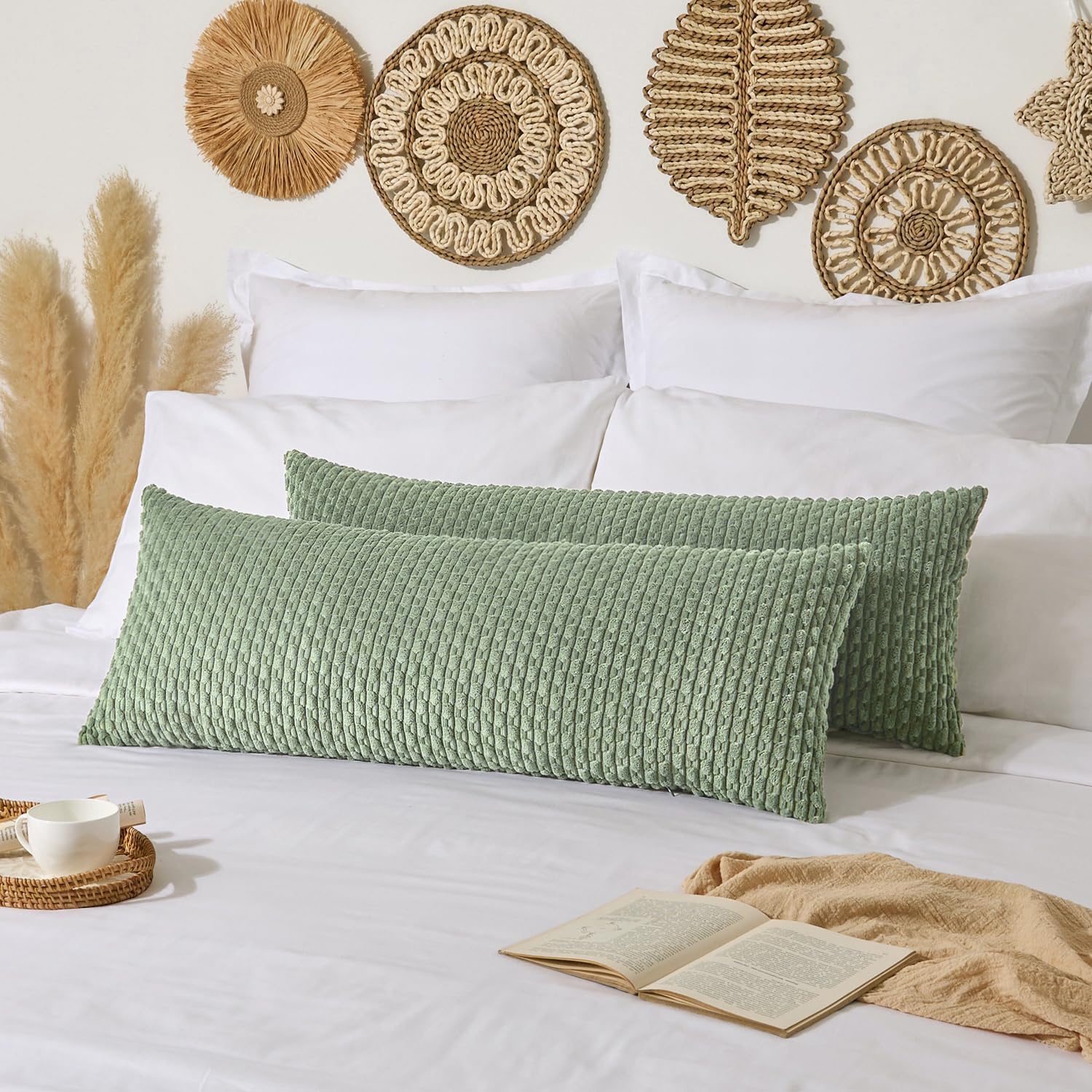 Kevin Textile 20x54 Inch Long Body Lumbar 1 Pack Boho Decorative Throw Pillow Cover Soft Striped Corduroy Rectangle Cushion Case Farmhouse Accent for Living Room Couch Sofa Bed, Sage Green