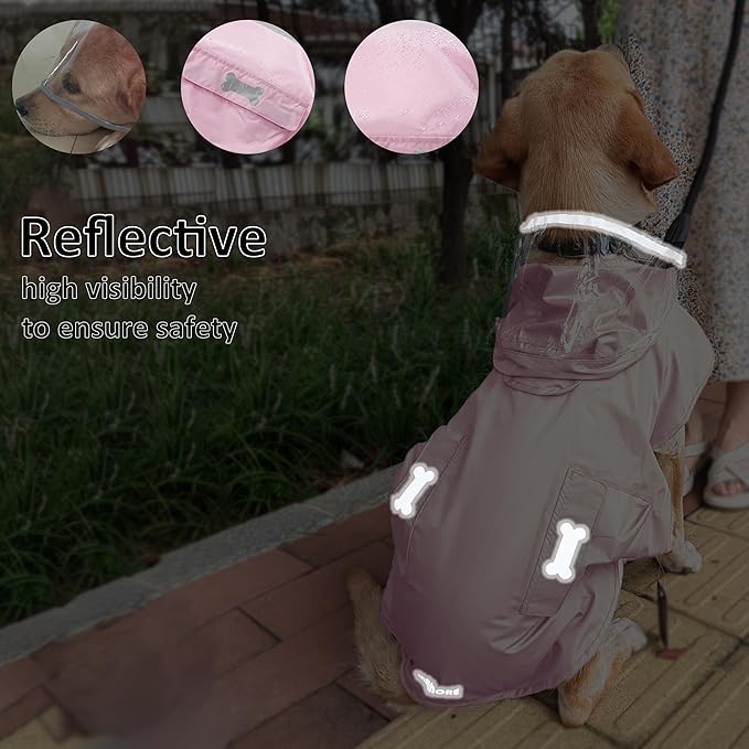 Waterproof Dog Raincoat, Adjustable Reflective Lightweight Pet Rain Clothes with Poncho Hood (Light Pink, Large)