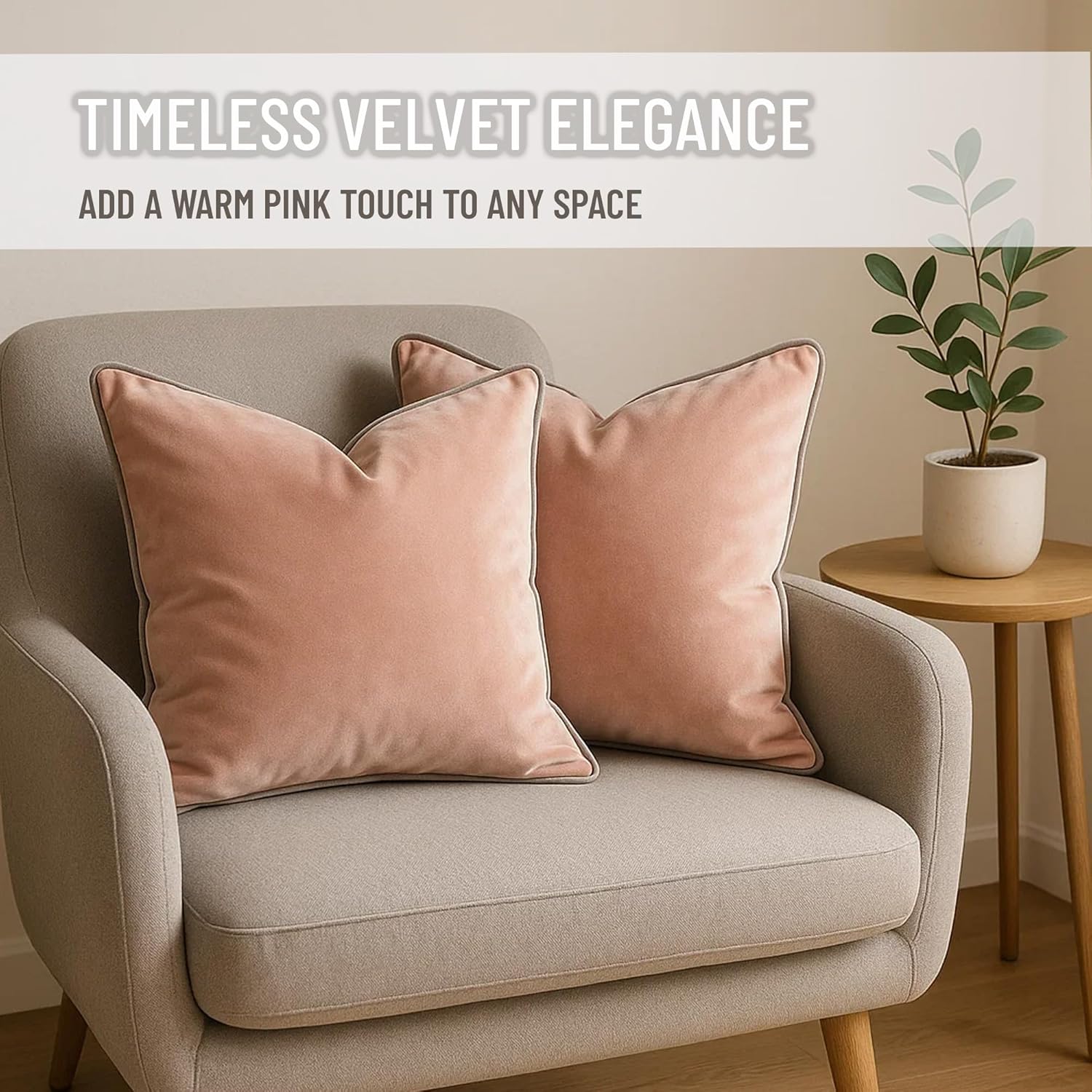 2 Pack Velvet Decorative Throw Pillow Covers, 12"x20", Pink and Grey, Solid, Modern, Contrast Piping, Indoor Use, Bedroom & Living Room